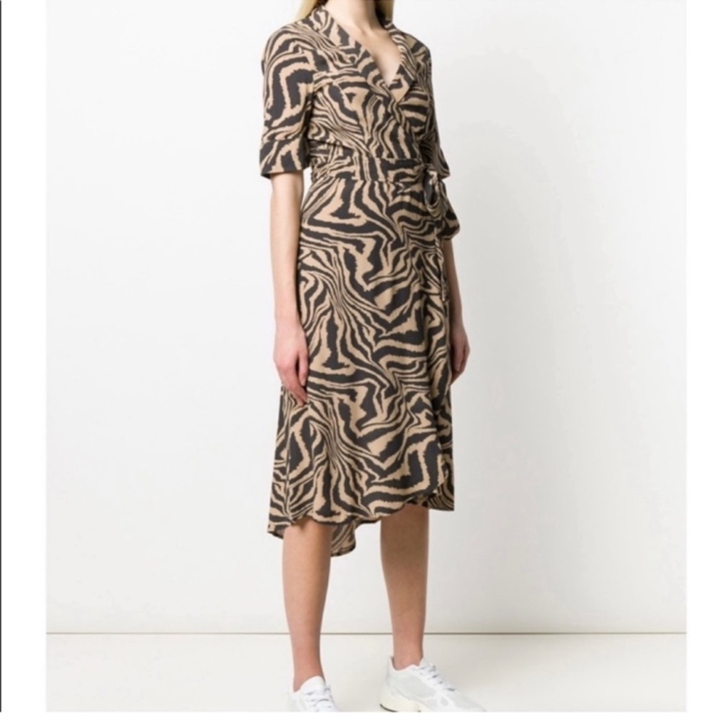 Ganni Beige and Black Zebra Print Wrap Dress